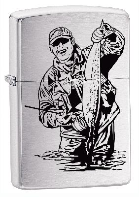 Зажигалка ZIPPO Рыбак, с покрытием Brushed Chrome, латунь, овая, 38x13x57 мм