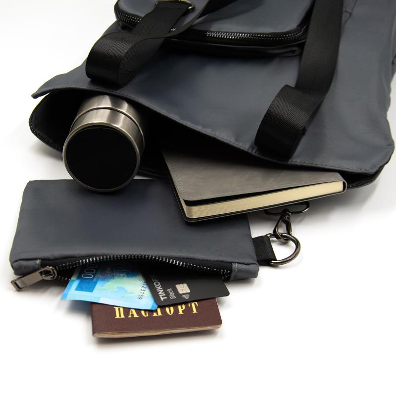 Шоппер Superbag Pocket, с внутренним креплением (карабин) и чехлом для мелочей (серый с черным)
