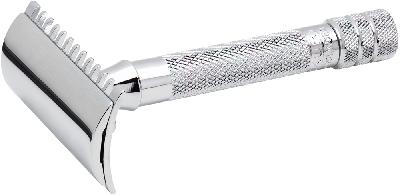 Cтанок Тобразный для бритья MERKUR 15C, глянцевое хромированное покрытие, открытый зубчатый гребень, короткая ручка, лезвие в комплекте (1 шт)