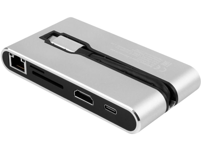Хаб 8-в-1 Type-C Hermes, USB 3.0 x 3, Type-C PD, HDMI, LAN, картридер