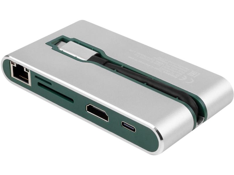 Хаб 8-в-1 Type-C Hermes, USB 3.0 x 3, Type-C PD, HDMI, LAN, картридер